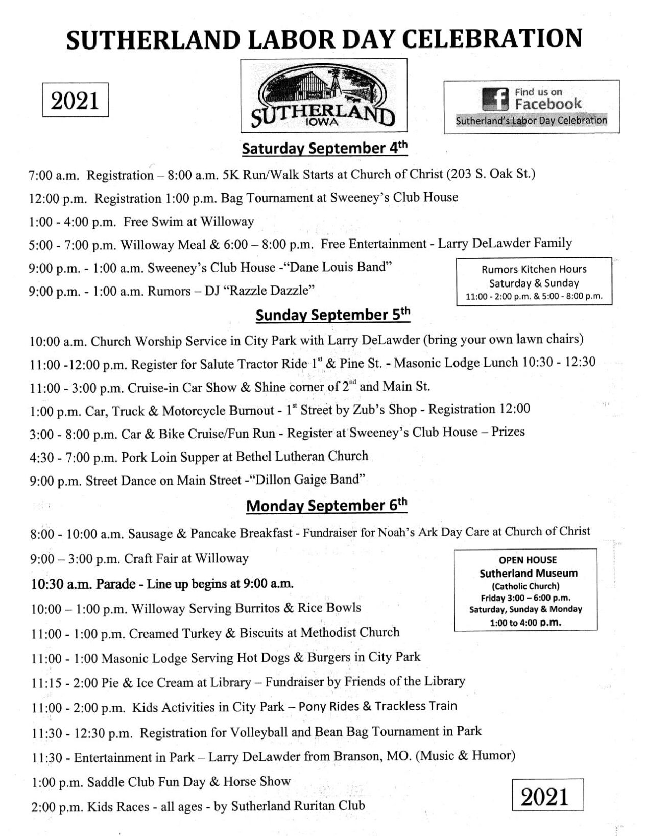 Schedule for Sutherland Labor Day Celebration